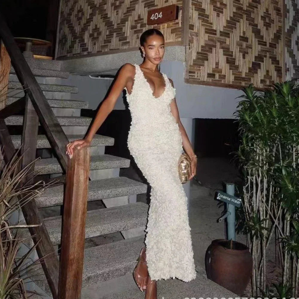 Mingmingxi Elegant Flower Applique Party Dresses 2024 New Arrivals V Neck Bodycon Mesh Dress Sexy Long Maxi Dress Women