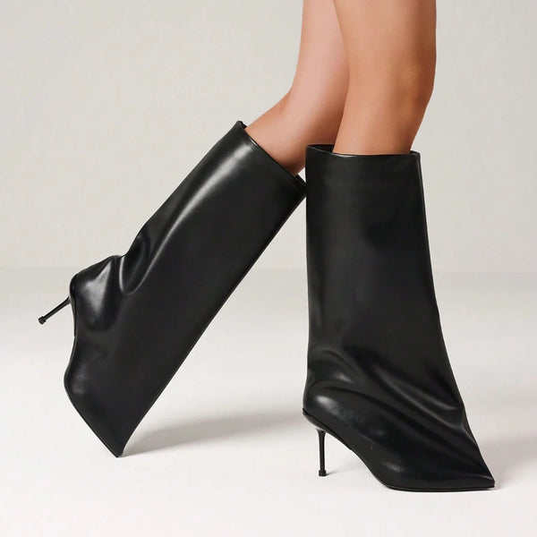 Knee High Slash Flare Boots For Women Fashion Stiletto High Heel Pointed Toe Pull On Pleated Slouchy Boots Wofashion.xyz