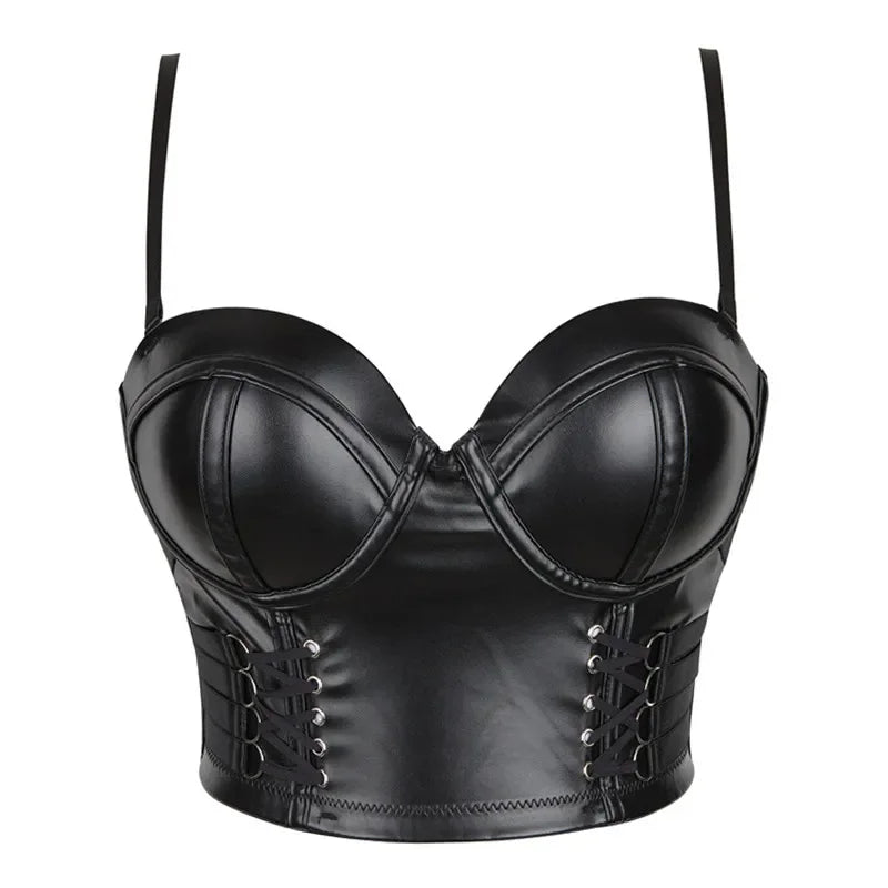 Women Leather Corset Top Crop Bustier Gothic Bra Push Up Bodice Sexy Lingerie Corselet Party Short Camis Plus Size Wofashion.xyz