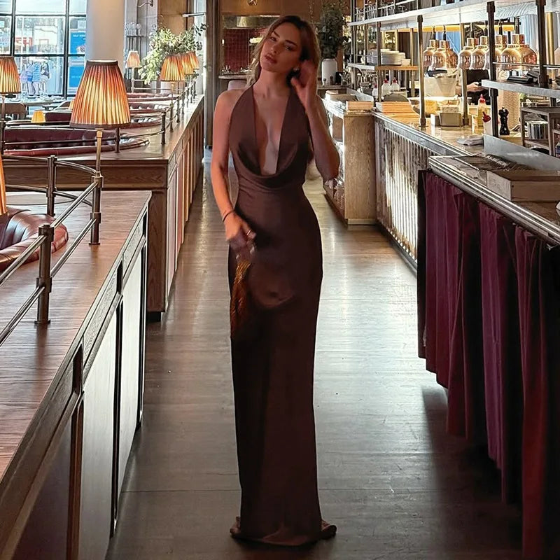 Talenza Sexy Deep V-Neck Long Dress Solid Fashion Ruched Lace Up Backless Slim Dress Elegant Vintage Luxury Party Evening Dress