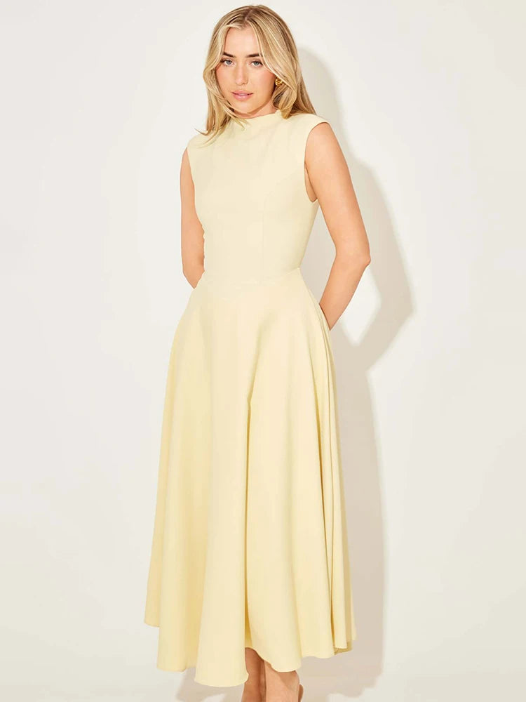 Mozision Sleeveless High Waist Sexy Midi Dress For Women Fashion Elegant Solid Pleated Club Party Long Dresses Female New