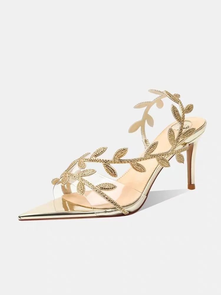 2025 Women's Summer New Style Lacquer Leather Leaf Fairy Style Strap Stiletto High Heels Pointed Open Toe Fashion Sandals