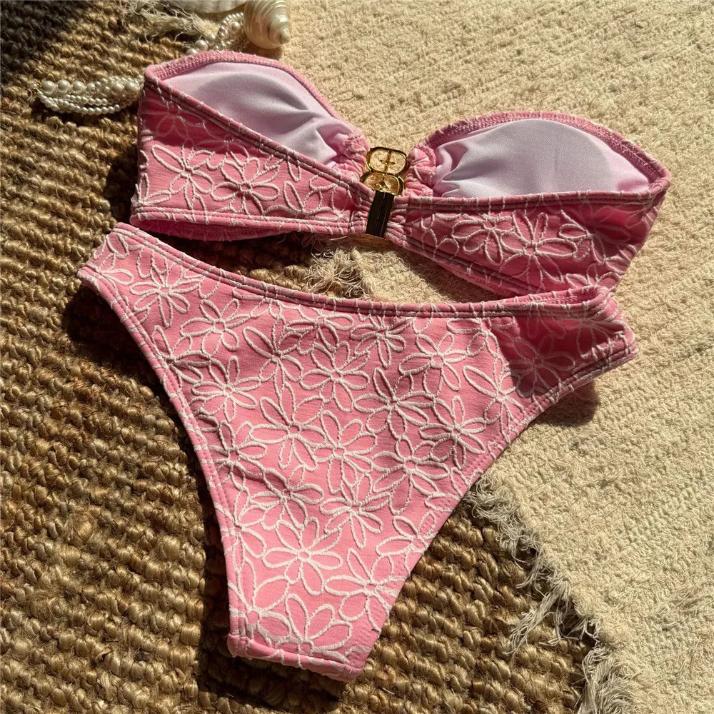 Flower Embroidery Bandeau Bikinis Sets Woman 2025 Metal Buckled Sexy Swimsuit Women High Cut Bathing Swimming Suit Bikini Mujer