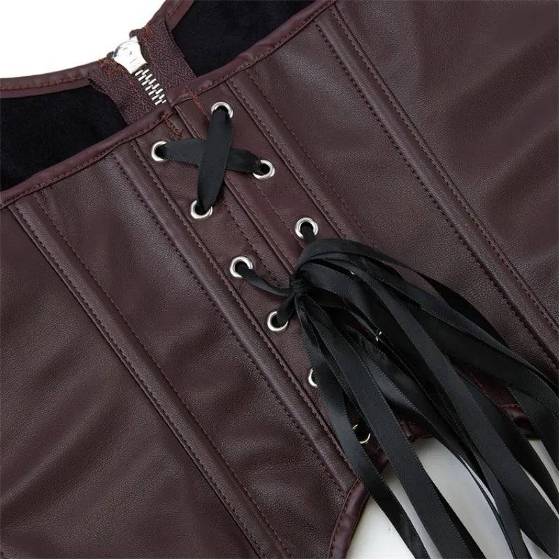 Women Sexy Faux Leathe Overbust Corset Crop Tops Gothic Zipper Halter Bustier Ladies Push Up Body Shaper Lingerie Corselet