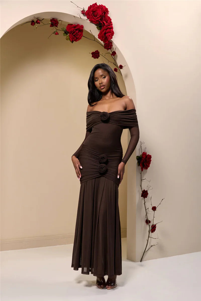 Mozision Off-shoulder Strapless Rose Sexy Maxi Dress For Women Fashion Long Sleeve Backless Ruched Bodycon Club Party Dress