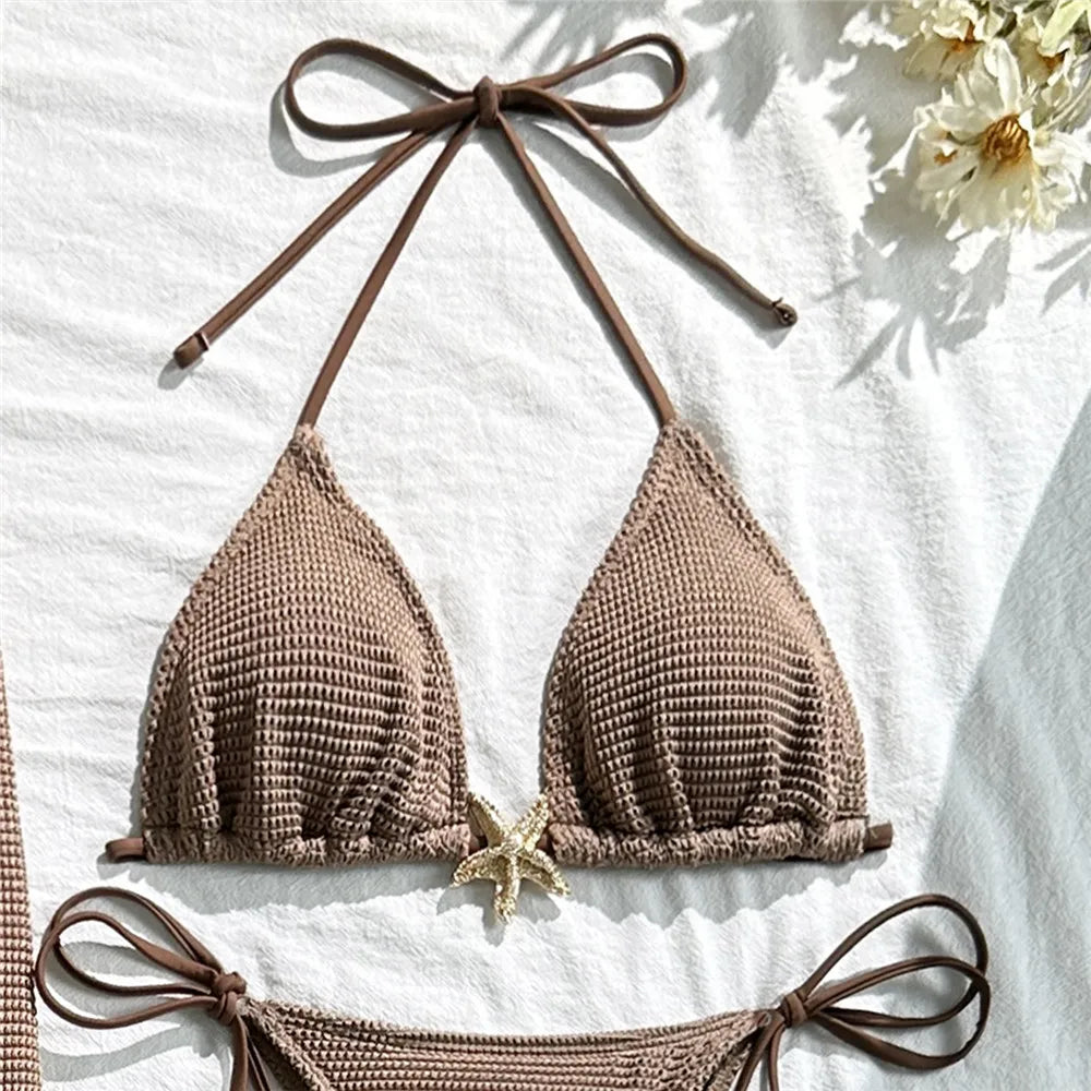 Holiday Starfish Solid Swimwears Halter String Triangle 3 Piece Bikini Set Cover Up Skirts Sexy Swimsuit Women 2025 Bikini Dames