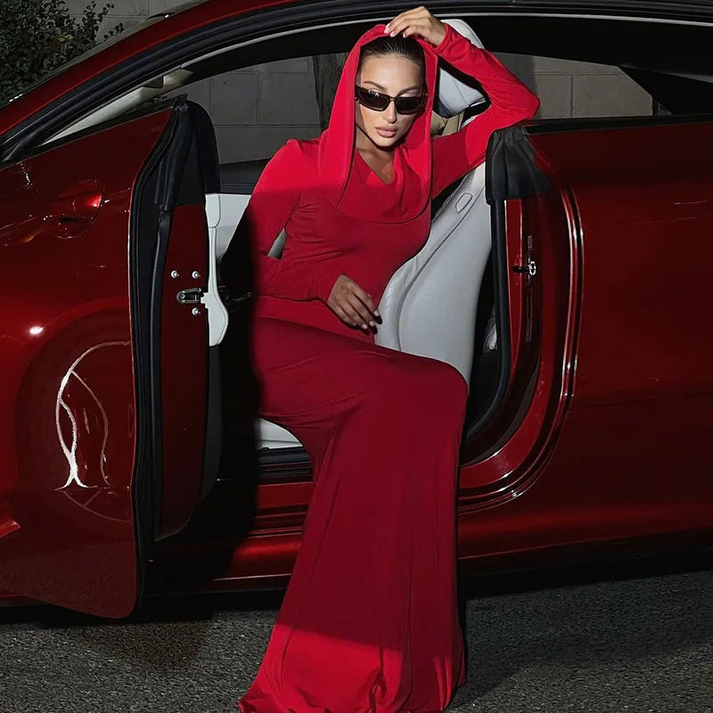 DSMTRC High Street Red Christma Hooded Long Sleeve Maxi Dress for Woman Slim Solid Bodycon Party Vestidos Elegant Autumn Dresses