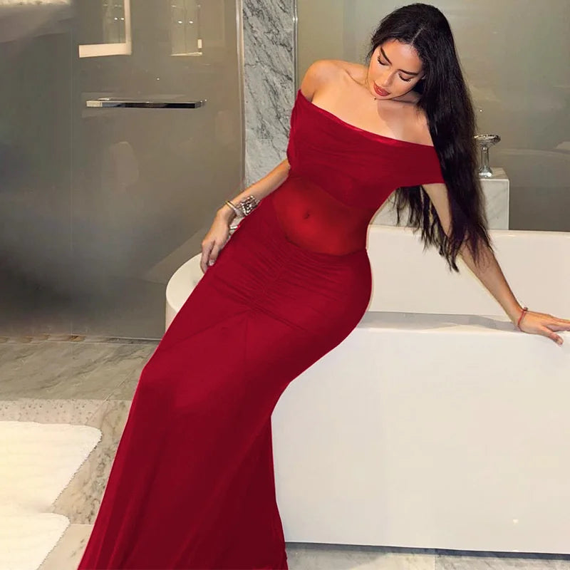 Mozision Off-shoulder Backless Sexy Maxi Dress Women Summer Fashion Strapless Sleeveless See Through Club Party Long Dress