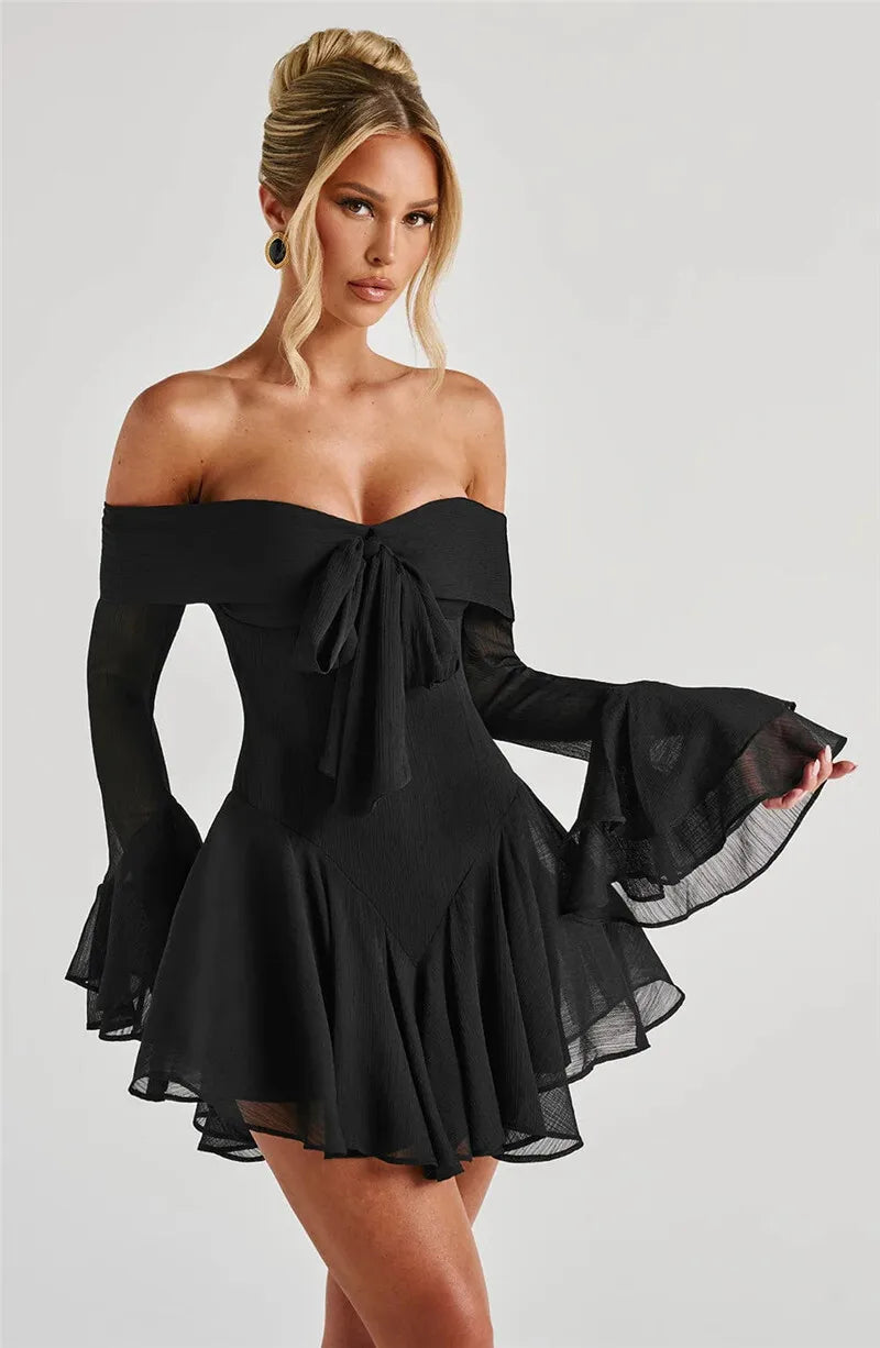 Mozision Strapless Long Flare Sleeve Sexy Mini Dress For Women Robe Off-shoulder Backless High Waist A-line Club Party Dress