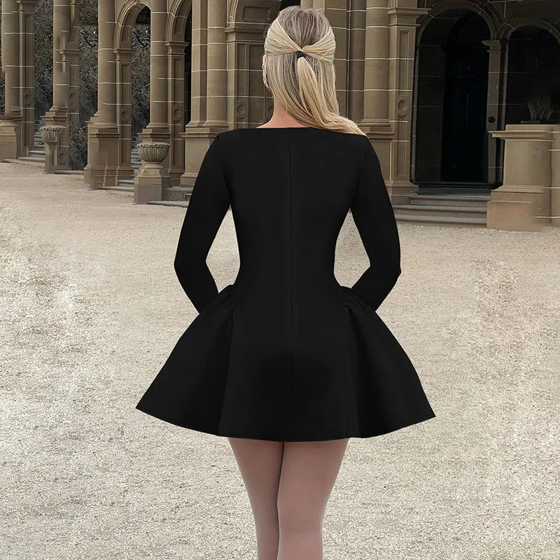 Mozision Elegant Long Sleeve Sexy Mini Dress For Women Solid O Neck High Waist A-line Bodycon Club Party Dress Clubwear New