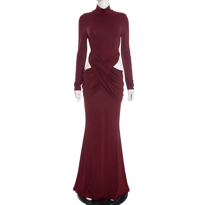 Mozision Turtleneck Long Sleeve Sexy Maxi Dress Women Gown Elegant Hollow Out High Waist Ruched Bodycon Club Party Long Dresses
