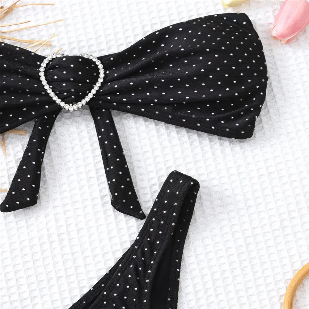 Sexy Black Shiny Swimwear with Sarong String Halter Triangle Bikinis Set 3 Piece Rhinestone Swimsuit Women 2025 Bather Beachwear