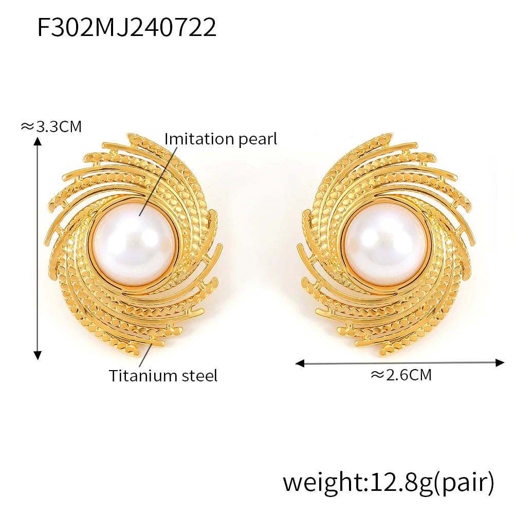 Dynamic Earrings For Women Roated Pearl Luxury Stainless Steel Vintage Gold Plated Waterproof Ear Stud Charm Jewelry Gift