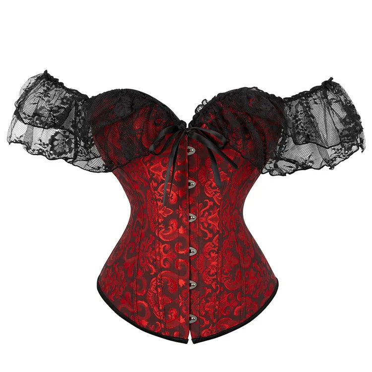 Women Vintage Overbust Corset Tops Gothic Lace Short Sleeve Lace-up Bustier Shapewear Slimming Waist Shaping Korset Wofashion.xyz