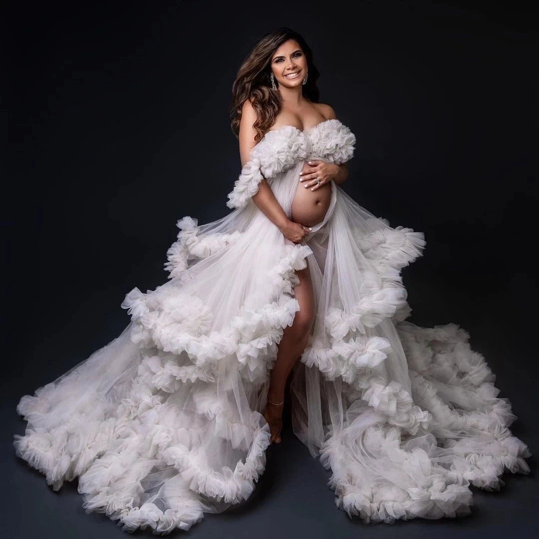 Luxury Maternity Robe Fluffy Tulle Dresses for Women Prom Dress Long Sleeves Wedding Party Gown Bridal Boudoir Pajamas Sleepwear