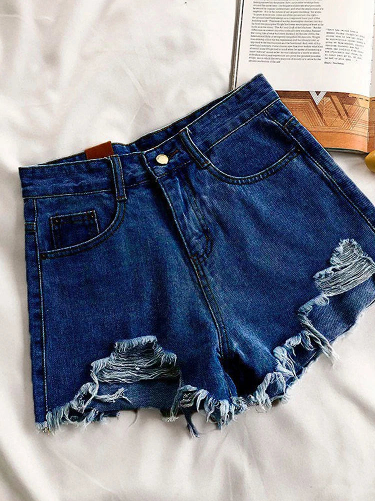 Casual High Waist Denim Shorts Women Summer Pocket Tassel Hole Ripped jeans Short Female Femme Short Pants Women
