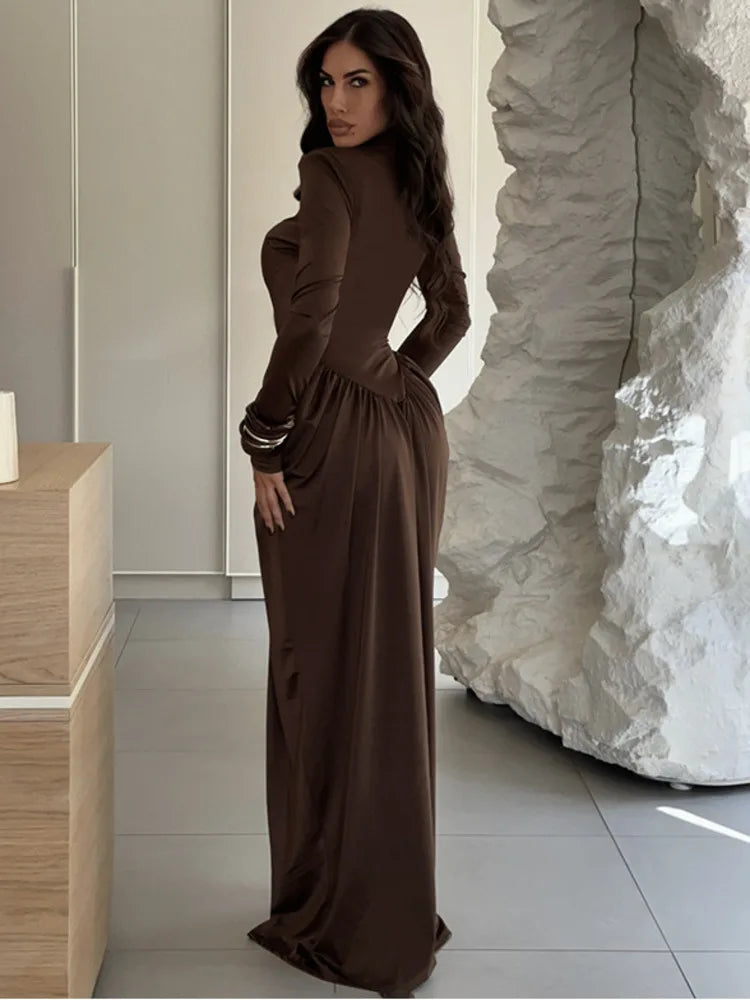 Mozision Turtleneck Long Sleeve Sexy Maxi Dress Women Gown Autumn Winter Elegant High Waist Draped Ruched Club Party Long Dress