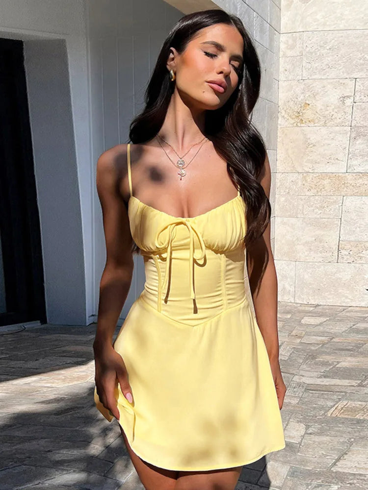 Mozision Spaghetti Strap Lace-up Sexy Mini Dress Women Elegant Off-shoulder Sleeveless Backless High Waist A-line Club Dress