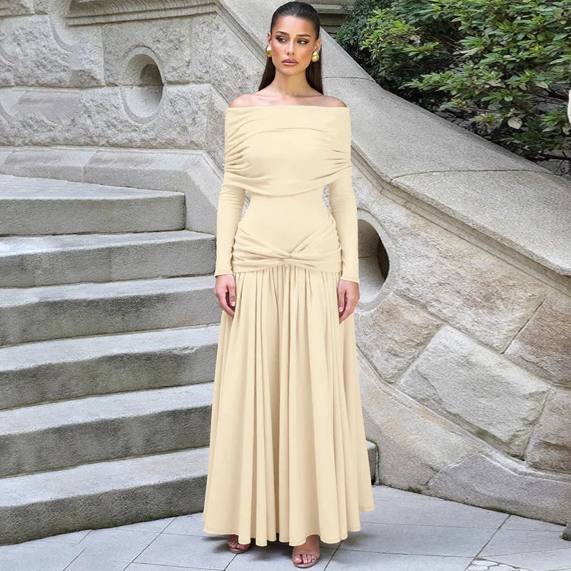 Dulzura Off Shoulder Long Sleeve Backless Ruched Slim Fit Pleated Long Dress Women'S Solid Sexy Dress Clothes Party Club Clothes