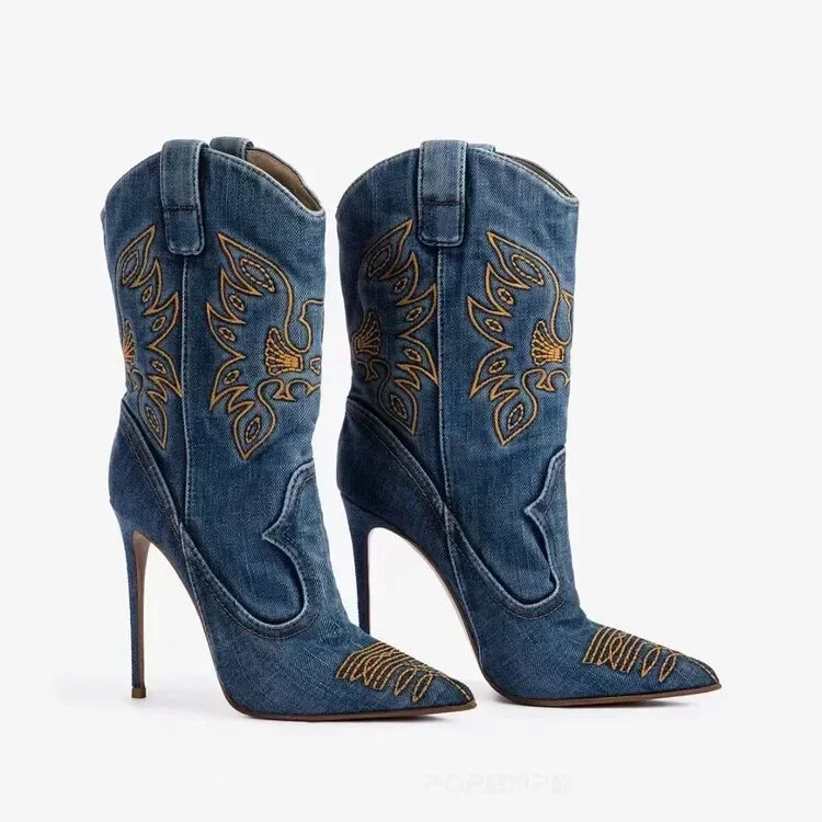 Women's Denim Western Cowboy Boots Pointed Toe Stiletto Heel, Sexy Embroidery Knight Runway Fashion Ankle Booties