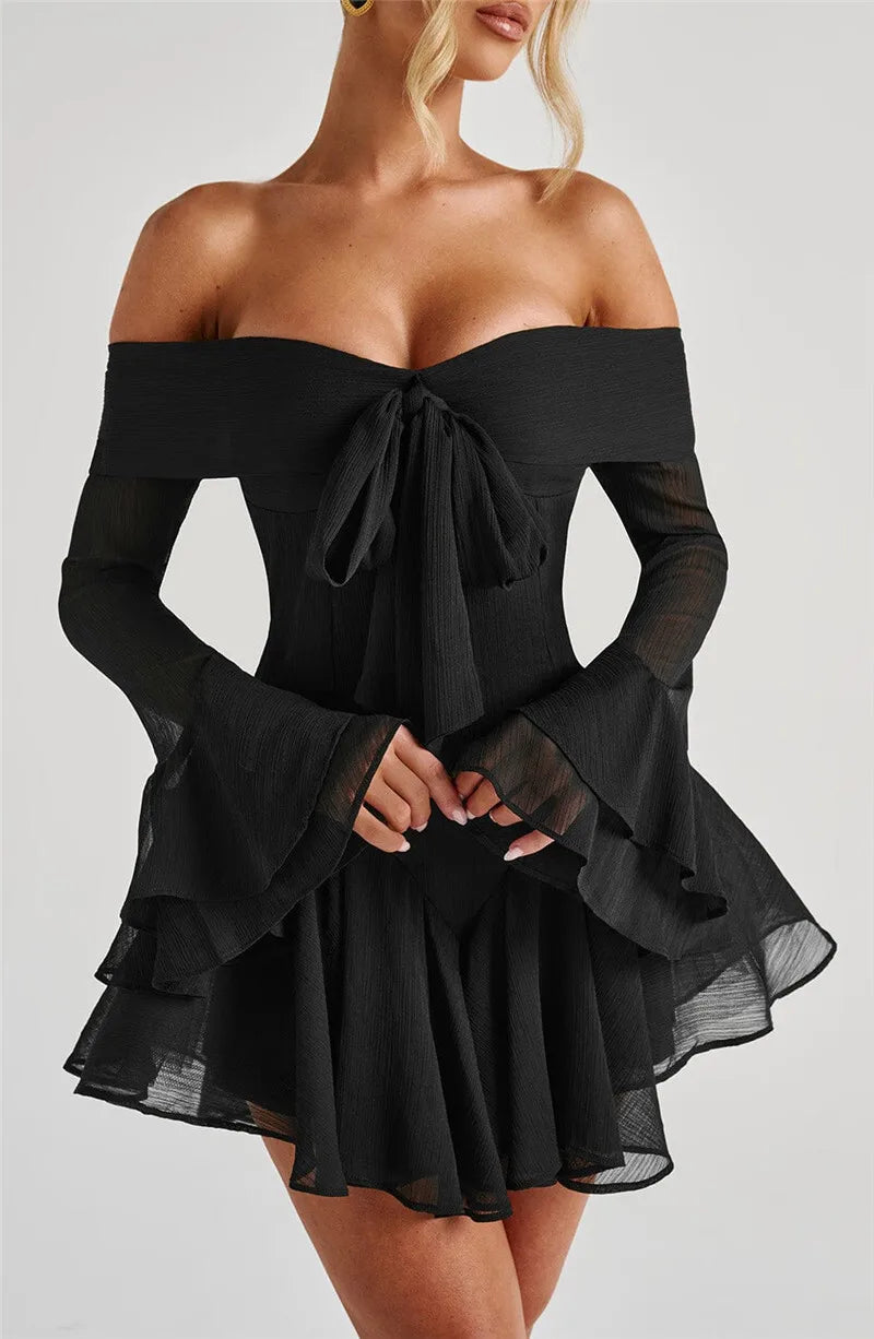 Mozision Strapless Long Flare Sleeve Sexy Mini Dress For Women Robe Off-shoulder Backless High Waist A-line Club Party Dress