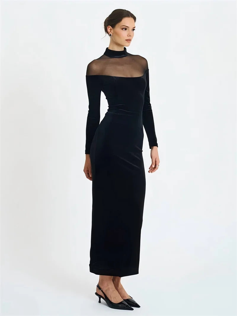 Mozision Sheer Off-shoulder Long Sleeve Sexy Maxi Dress Women Gown Elegant Half High Collar Backless Bodycon Club Party Dresses