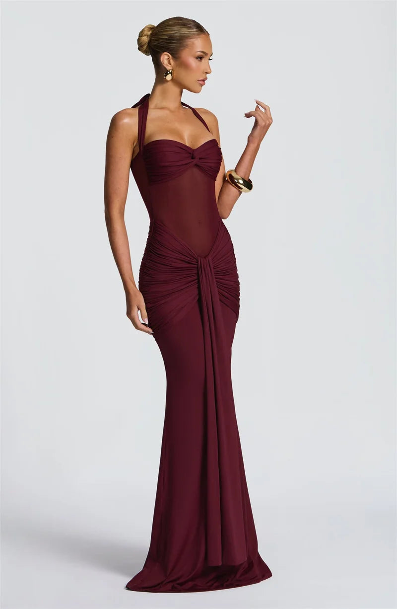 Mozision Halter Backless Sexy Maxi Dress Women Fashion Patchwork Off-shoulder Sleeveless Ruched Draped Bodycon Club Party Dress