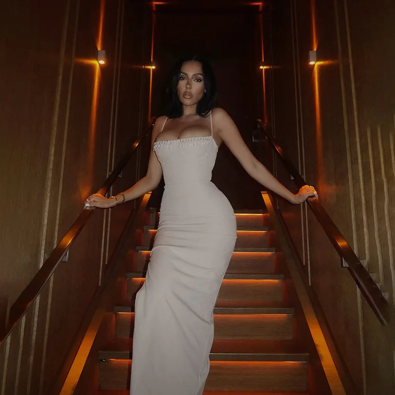 NIDANSSI Beading Split Evening Club Party Dress Women Robes Backless Elegant Sexy Dress Bodycon Midi Long Summer Dress Vestidos