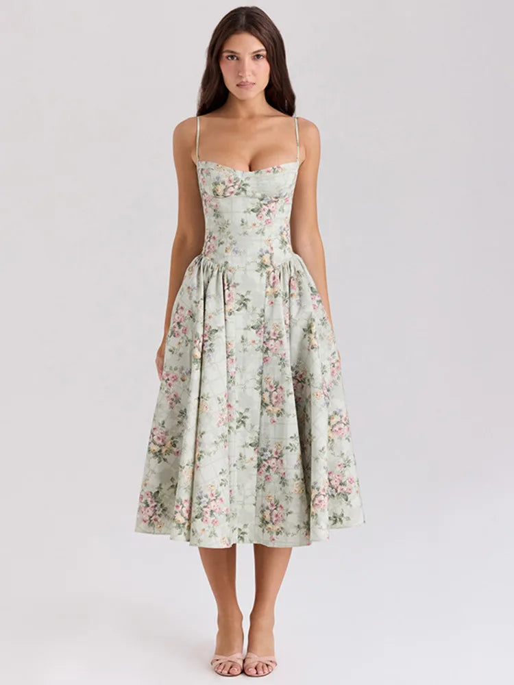 Mozision Spaghetti Strap Print Midi Dress Women Fashion Off-shoulder Sleeveless Backless A-line High Waist Pleated Long Dress Wofashion.xyz