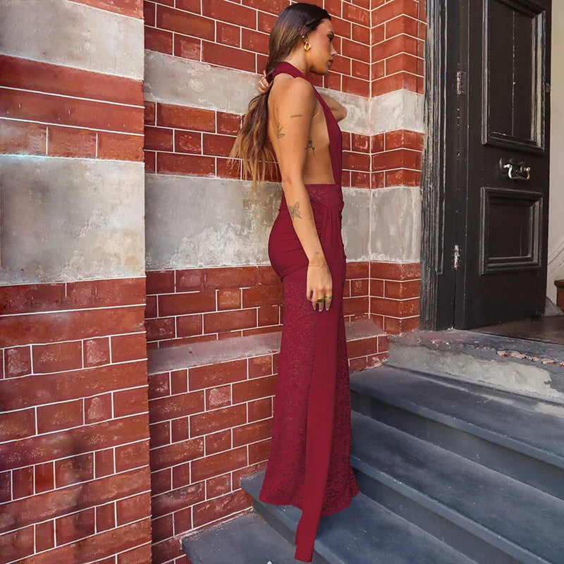 Mozision Halter Deep V Neck Sexy Maxi Dress For Women Elegant Fashion Lace Sleeveless Backless Ruched Bodycon Club Long Dress