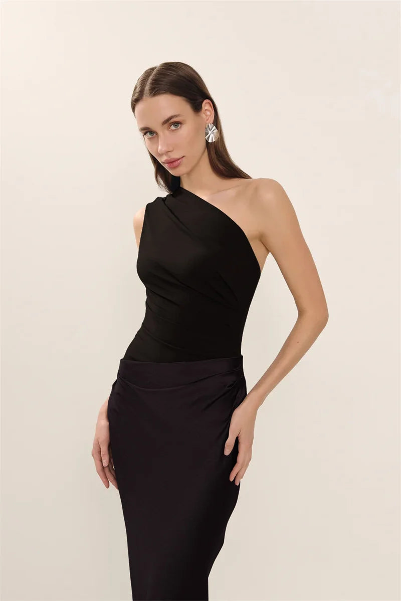 Mozision Satin Inclined Shoulder Sexy Maxi Dress Women Fashion Patchwork Sleeveless Backless Bodycon Evening Club Party Dress