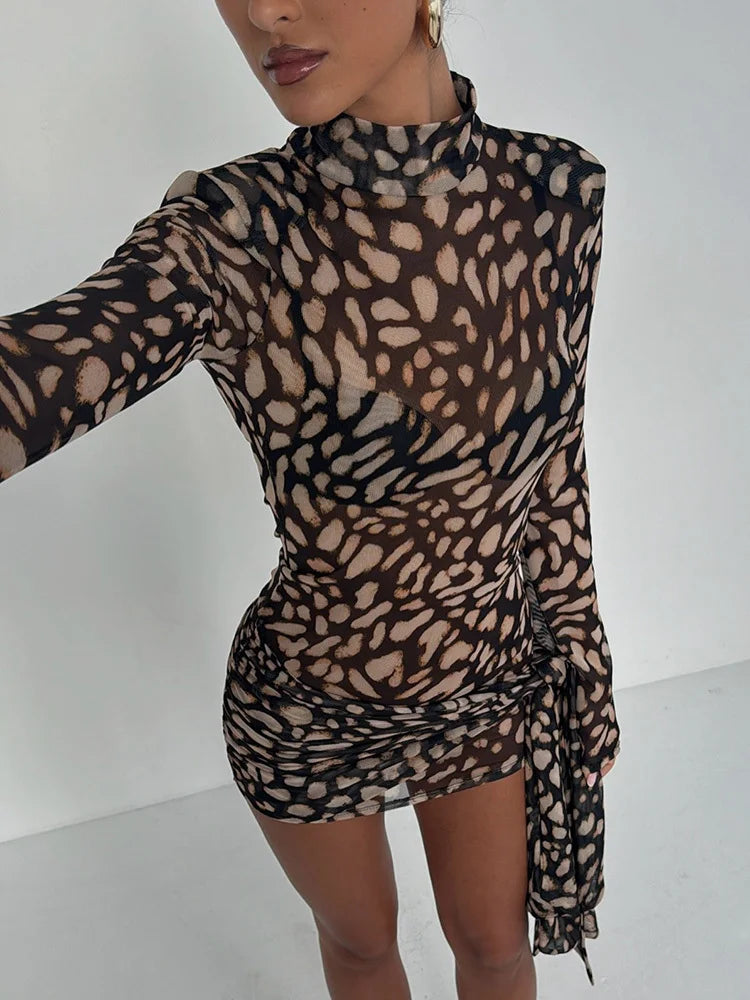 Mozision Mesh Leopard Print Sexy Mini Dress For Women Robe Fashion Turtleneck Draped Ruched High Waist Club Dress Vestido