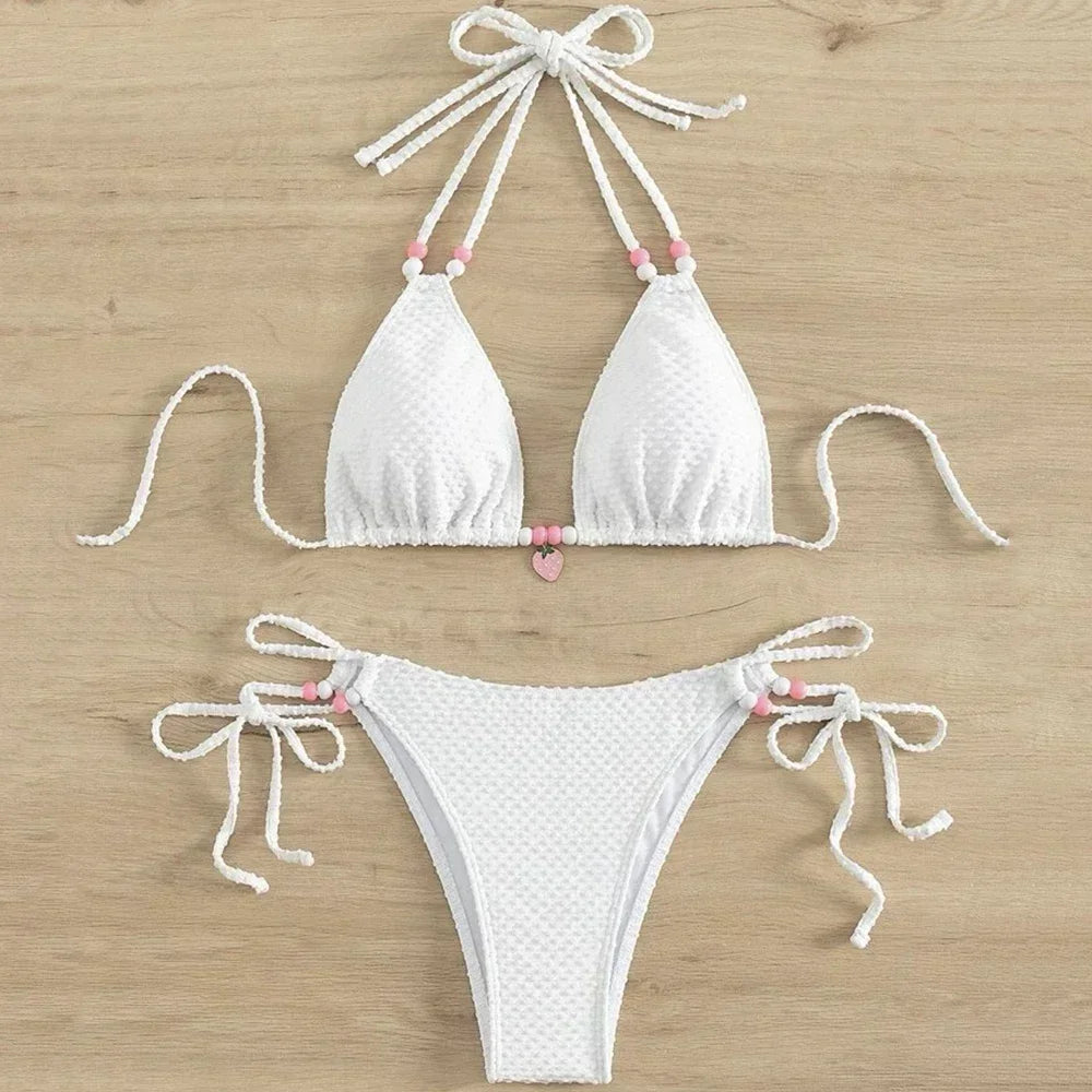 Sexy Pink Micro Thong Bikinis Sets Bead String Halter Swimwear Women Mini Swimsuit Bathing Suit Lace-up Biquinis Triangle Bikini