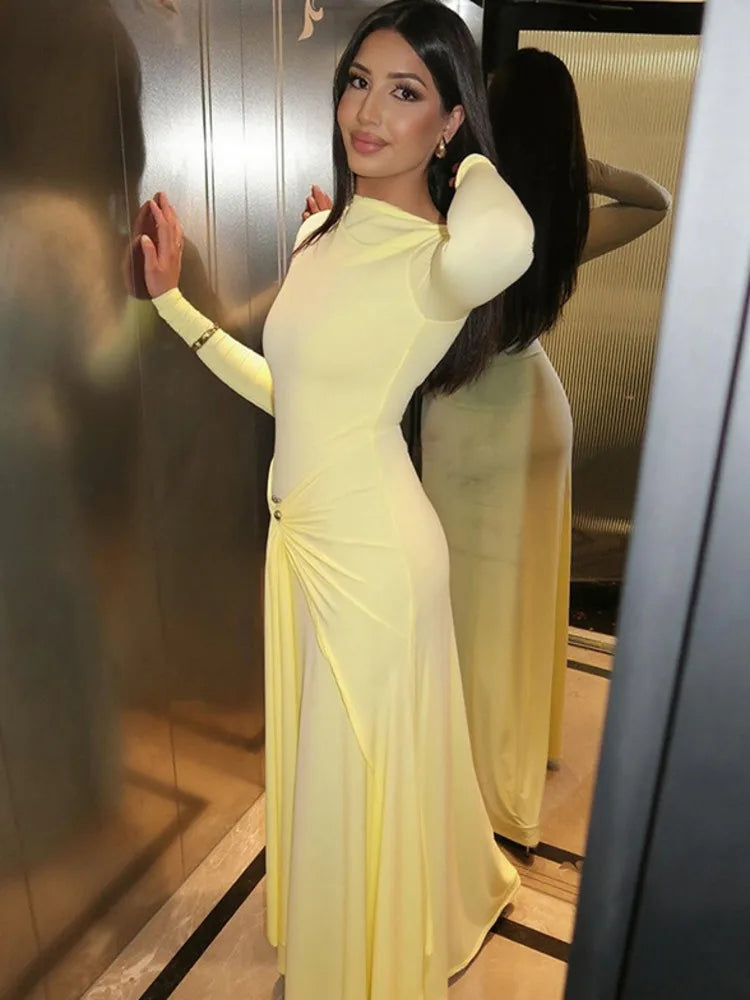 Mozision Elegant Long Sleeve Ruched Sexy Maxi Dress Women Gown Autumn Fashion Draped Bodycon Long Dresses Female Clothing