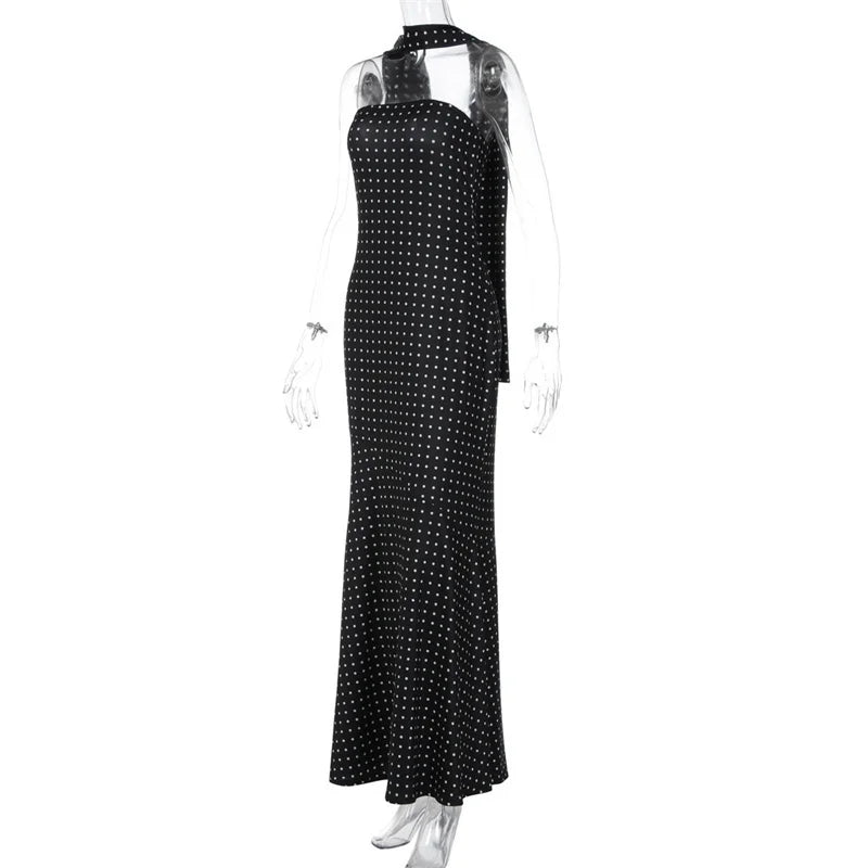 Mozision Polka Dot Strapless Sexy Maxi Dress Women Gown Elegant Scarf Collar Off-shoulder Backless Sleeveless Club Party Dress