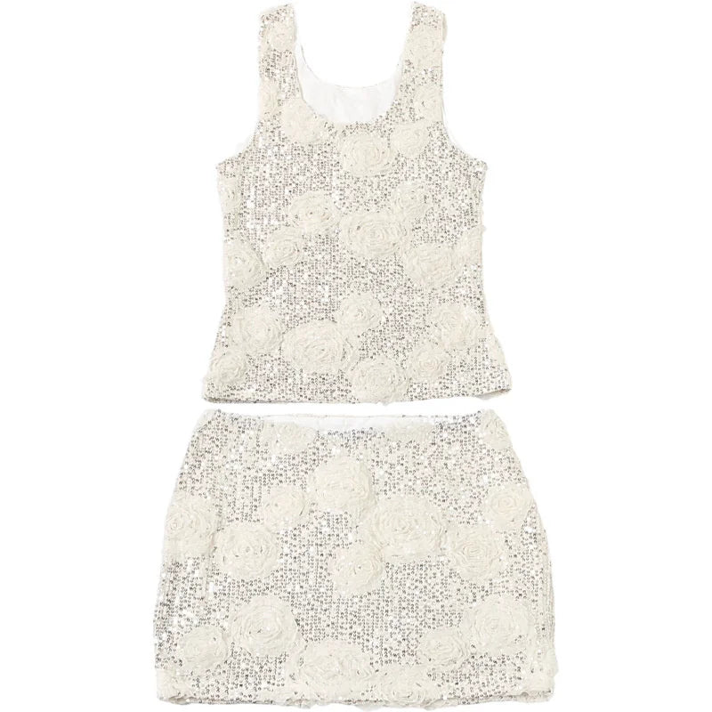 Mozision Sparkle Sexy Two Piece Set Women Elegant Square Collar Sleeveless Tank Top And Mini Skirt Matching Sets Club Dress Set