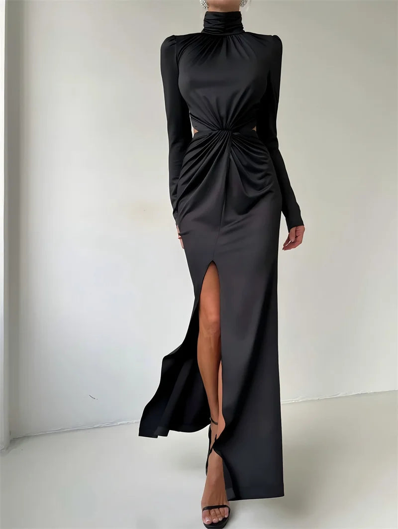 Mozision Turtleneck Backless Sexy Maxi Dress Women Gown Autumn Winter Elegant Long Sleeve Thigh High Split Club Party Long Dress