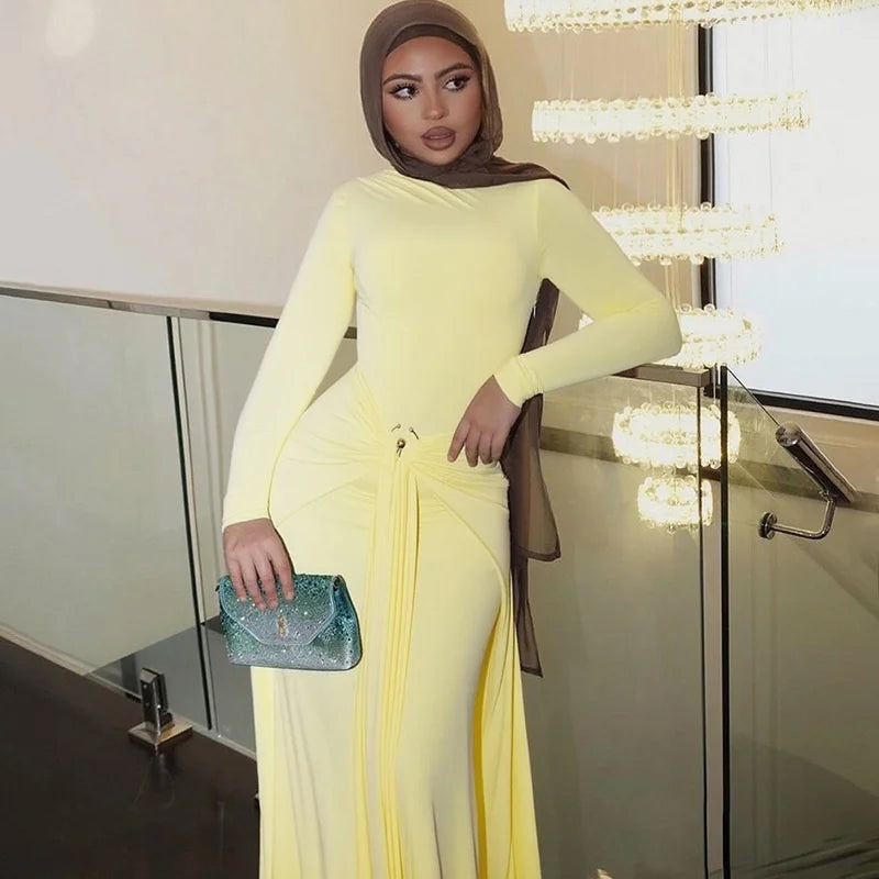Mozision Elegant Long Sleeve Ruched Sexy Maxi Dress Women Gown Autumn Fashion Draped Bodycon Long Dresses Female Clothing