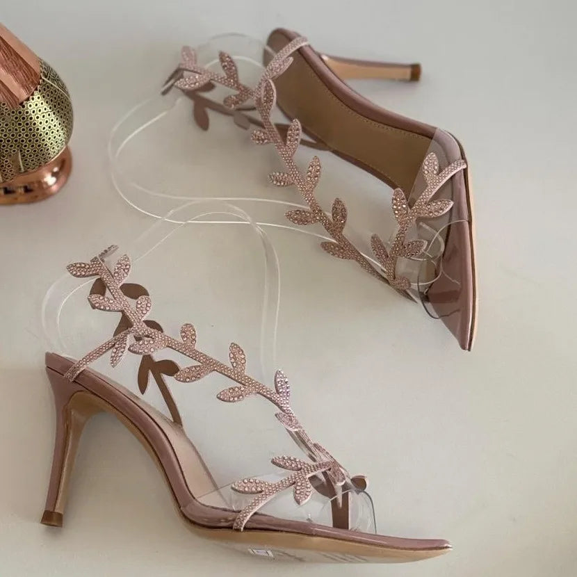 2025 Women's Summer New Style Lacquer Leather Leaf Fairy Style Strap Stiletto High Heels Pointed Open Toe Fashion Sandals