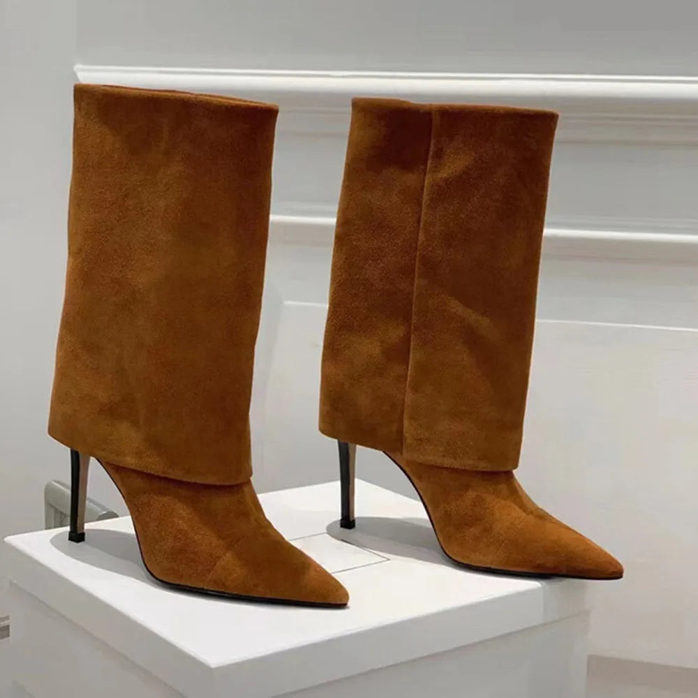 European and American Style High-heeled Wide Tube Sleeve Skirt Boots for Women, Niche Stone Patterned Fashion Banquet Shoes