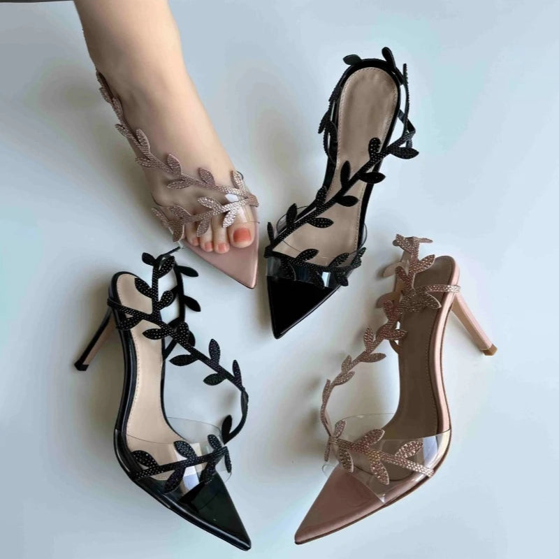 2025 Women's Summer New Style Lacquer Leather Leaf Fairy Style Strap Stiletto High Heels Pointed Open Toe Fashion Sandals