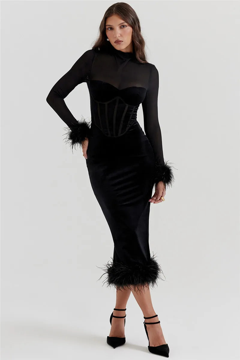Mozision Elegant Feather Sexy Midi Dress For Women Black Fashion Sheer Long Sleeve Backless Bodycon Club Party Long Dress