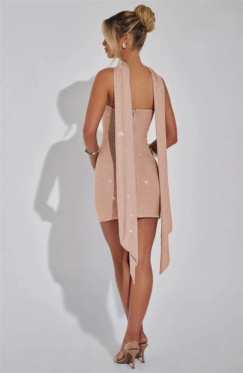 Mozision Sequins Backless Sexy Mini Dress For Women Robe Elegant Sparkle Scarf Collar Strapless Sleeveless Bodycon Club Dress