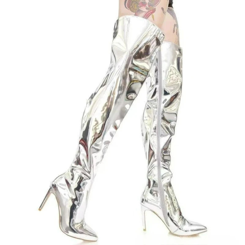 Women's Boots Mirror Thigh High Boots Platform Pointy Toe Punk Thin High Heels Over The Knee Long Boots Zip Silver Party Shoes