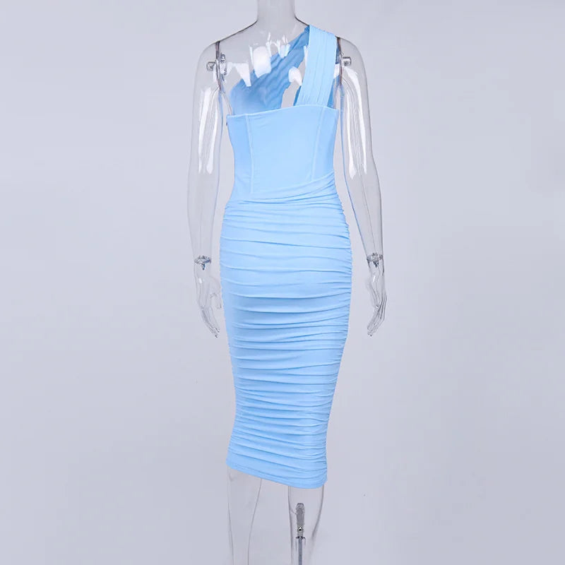 Mozision High Quality Mesh One Shoulder Backless Midi Dress For Women Fashion Hollow Out Sleeveless Ruched Long Dress Vestido