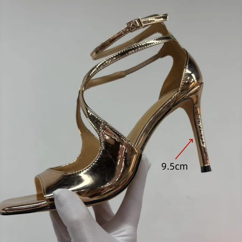 2025 Women's Spring/Summer New Style Glitter Material Fairy Style Cross Buckle with Stiletto High Heels and Open Toed Sandals