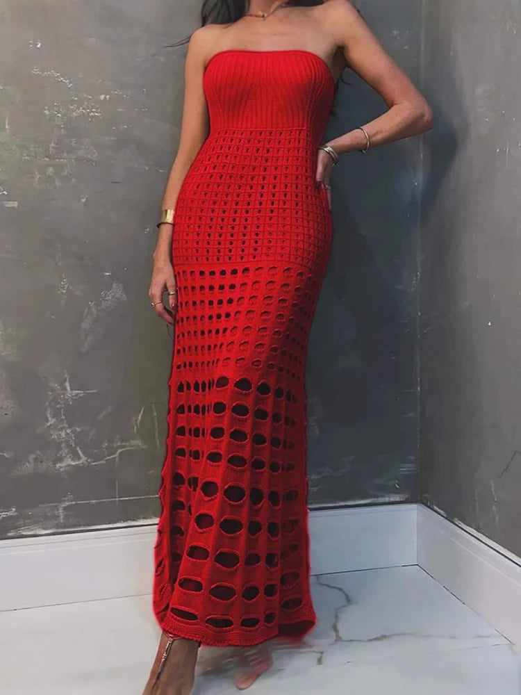 Mozision Strapless Off-shoulder Hollow Out Knit Maxi Dress For Women Gown Fashion Sleeveless Backless Beach Skinny Long Dress
