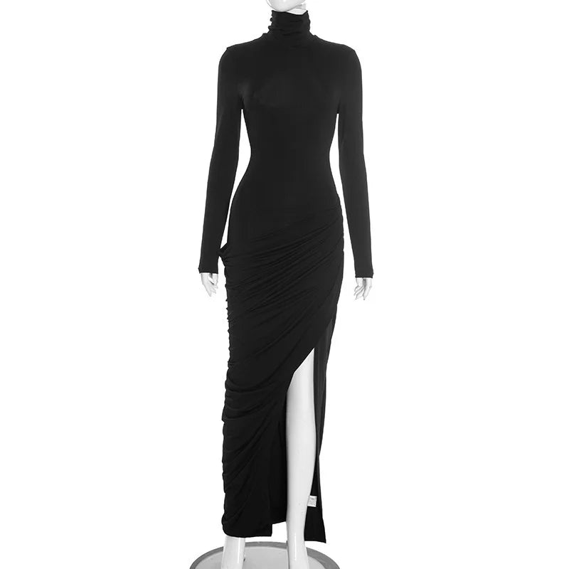 Mozision Turtleneck Long Sleeve Sexy Maxi Dress Women Elegant Autumn Winter High Waist Ruched Thigh High Split Club Long Dress