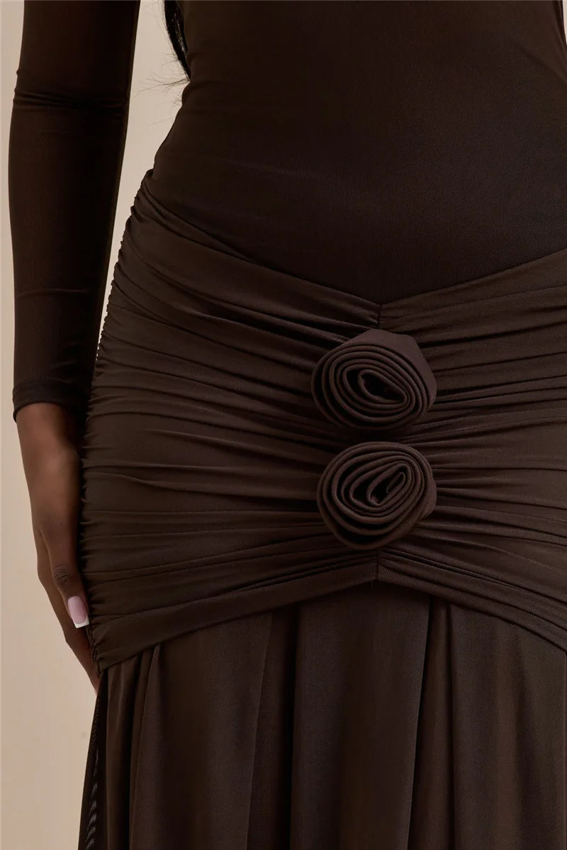 Mozision Off-shoulder Strapless Rose Sexy Maxi Dress For Women Fashion Long Sleeve Backless Ruched Bodycon Club Party Dress