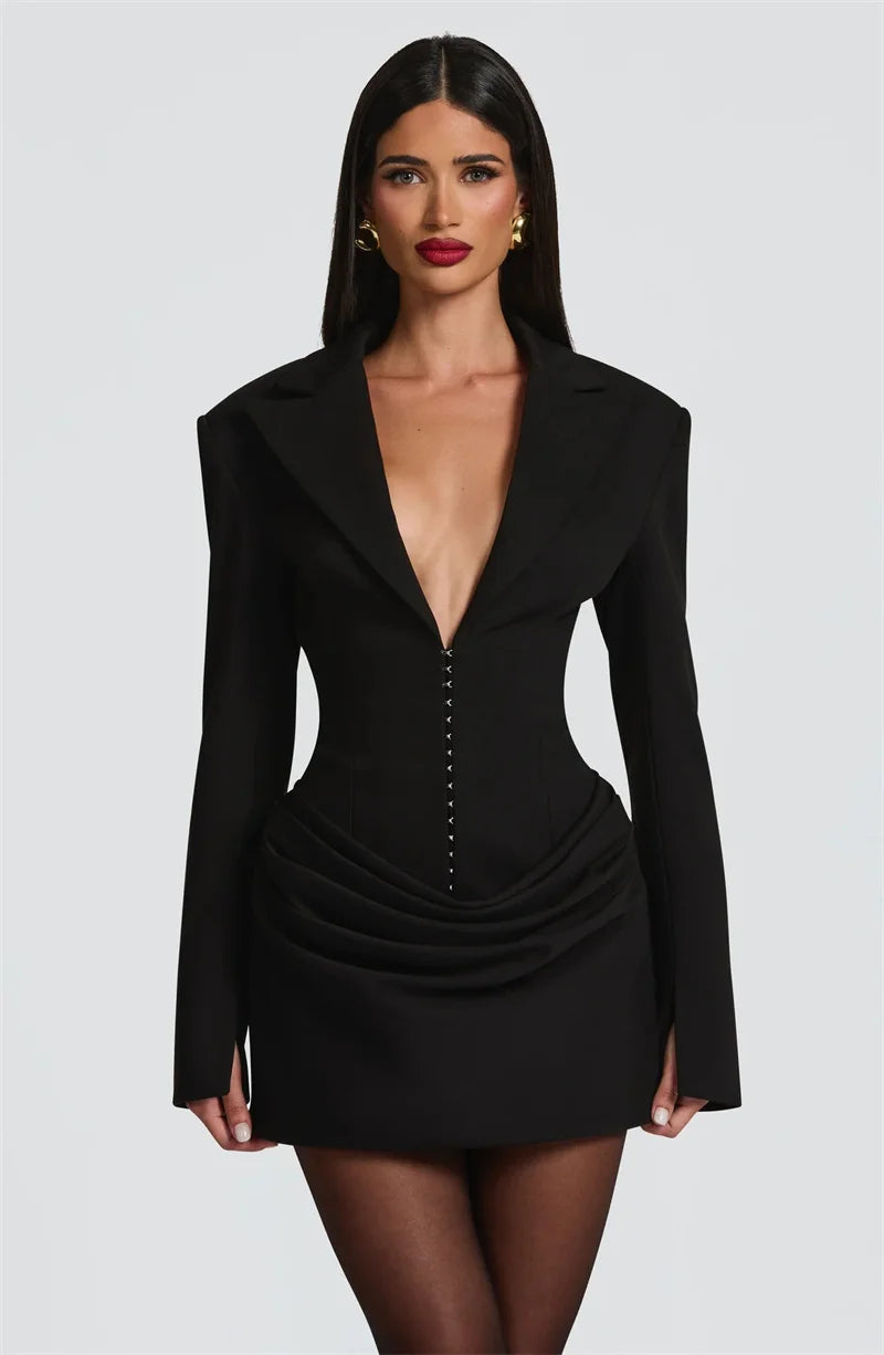 Mozision Long Sleeve Deep V Neck Ruched Sexy Mini Dress Women Autumn Winter Fashion High Waist Club Party Blazer Dresses Female